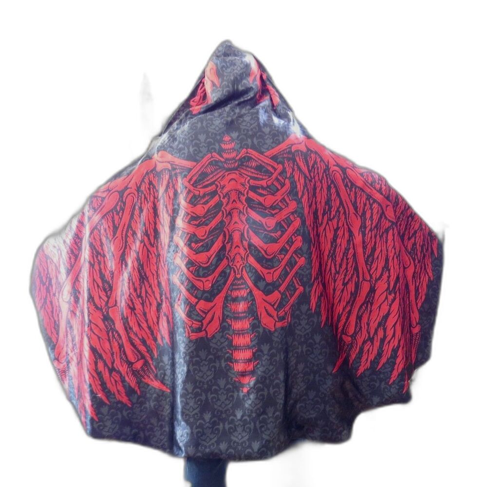 Reversible Skeleton Hooded Cloak Cape Red White Goth Festival Rave Grunge EUC - Picture 4 of 8